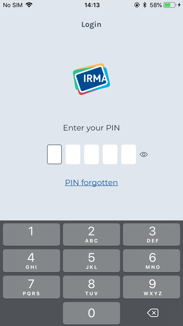 Screenshot of the IRMA app on iOS, showing the PIN screen
