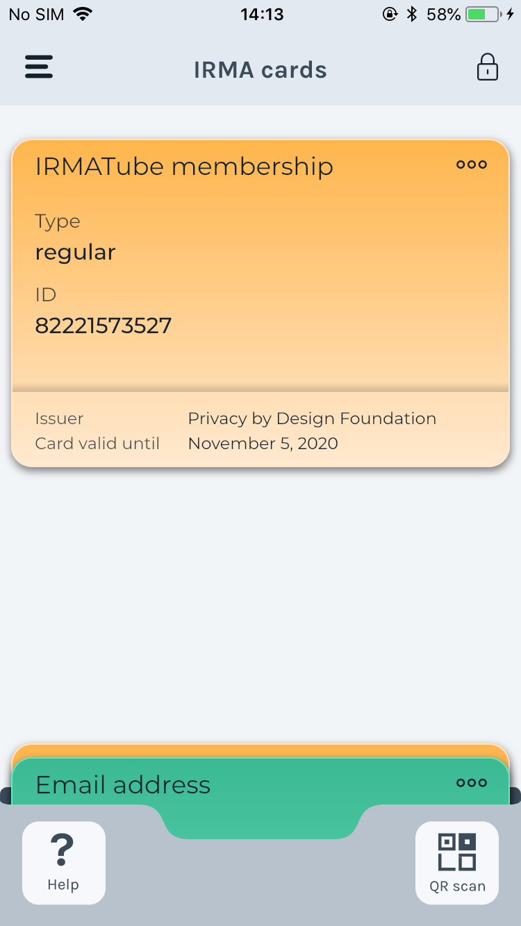 Screenshot of the IRMA app on iOS, showing the wallet screen with a card expanded