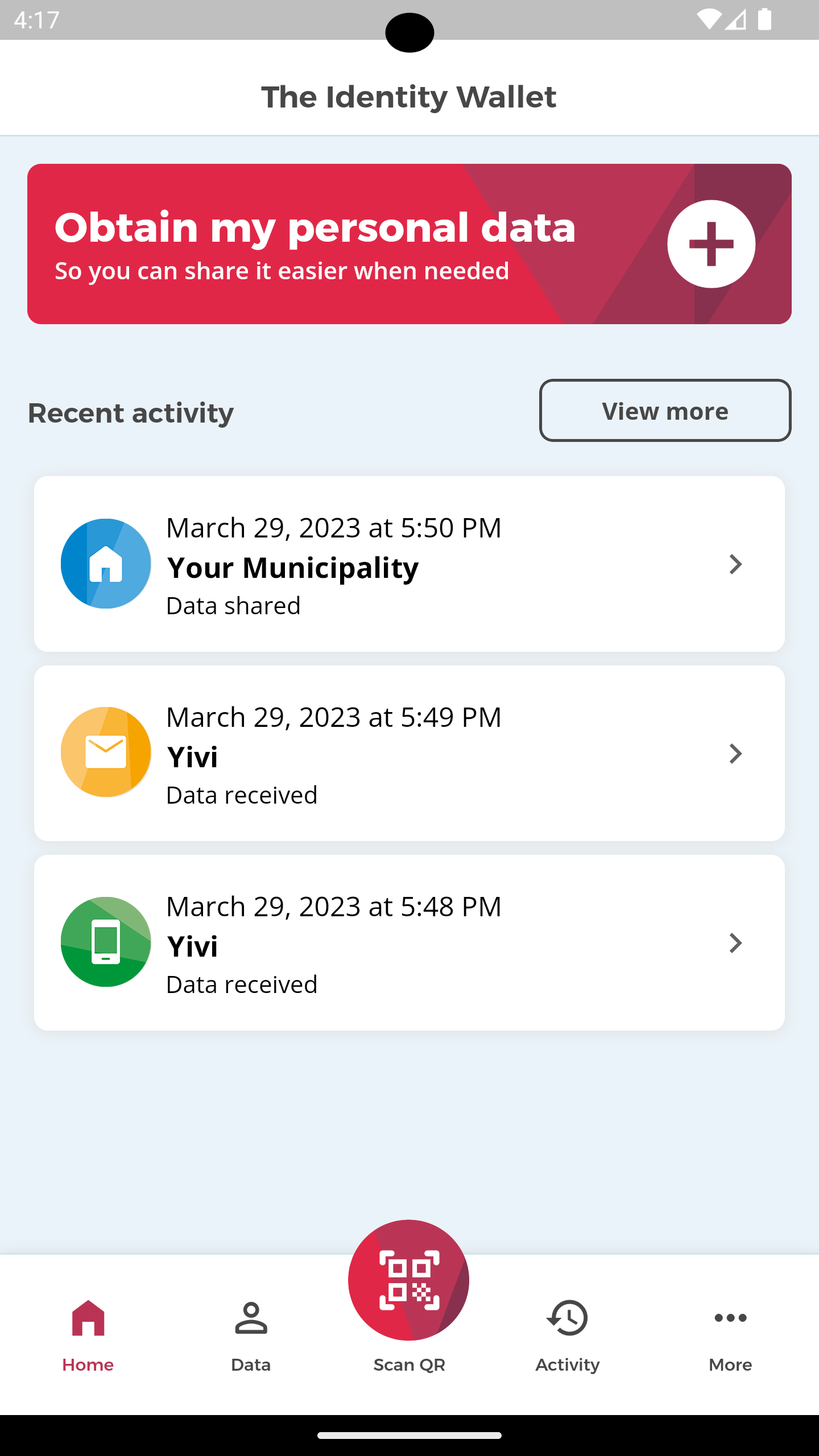 Screenshot of the Yivi app, showing the home screen