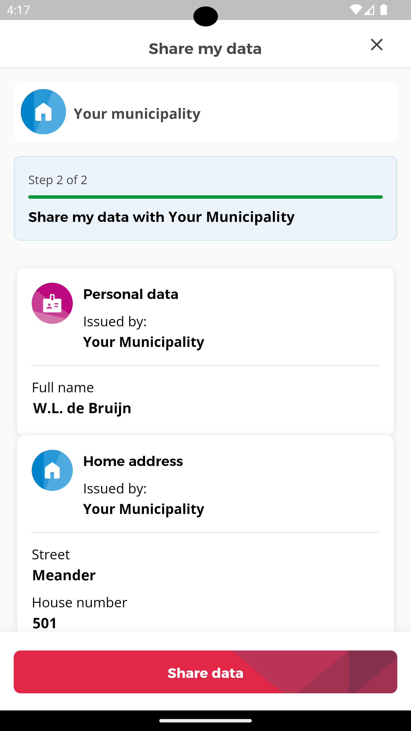 Screenshot of the Yivi app, showing the data disclosure screen
